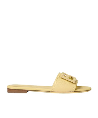 Fendi Baguette Yellow Leather Slides In Brown
