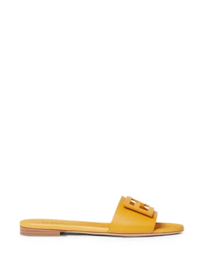 Fendi Leather Ff Baguette Motif Slide Sandals In Gold