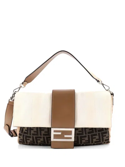 Pre-owned Fendi Baguette Zucca And Pequin Canvas With Zucca Suede Large Shoulder Bag In Brown