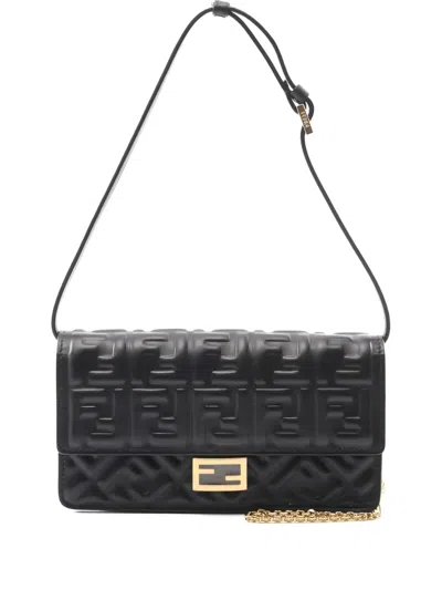 Pre-owned Fendi Baguette Zucca Shoulder Bag In Black