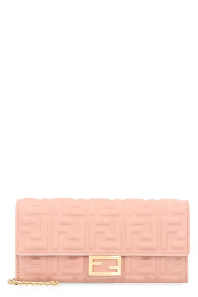 Fendi Baguette Leather Wallet On Chain In Pink