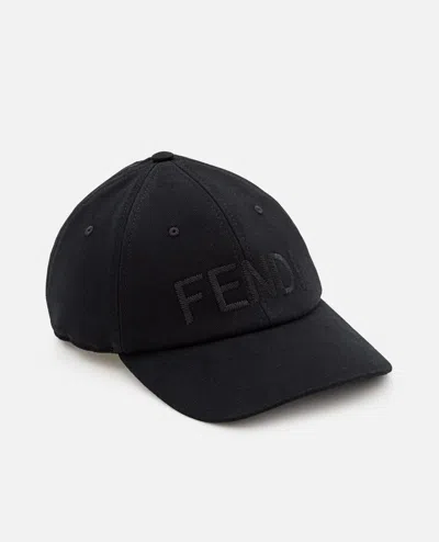 Fendi Men Wool Blend Baseball Hat With Logo Embroidery In Black