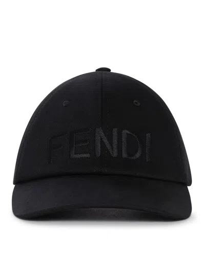 Fendi Men Wool Blend Baseball Hat With Logo Embroidery In Black