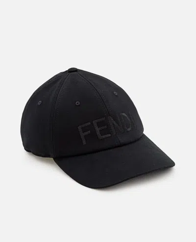 Fendi Men Wool Blend Baseball Hat With Logo Embroidery In Black