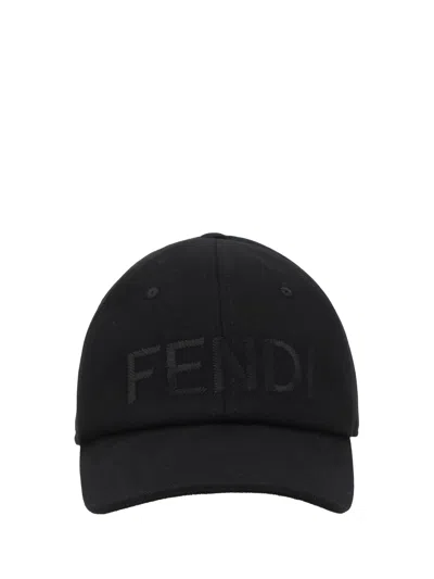 Fendi Men Wool Blend Baseball Hat With Logo Embroidery In Black