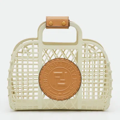 Pre-owned Fendi Basket Small Cream/brown Plastic And Leather Tote In White