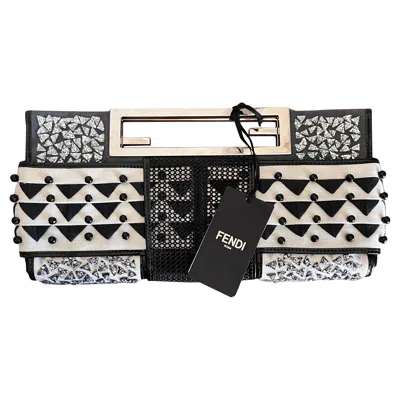 Pre-owned Fendi Beaded Leather, Cutout Metal Handle Clutch In Black