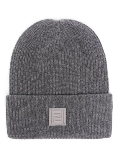 Fendi Beanie Ff Label Accessories In Grey