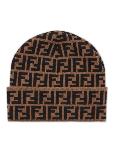 Fendi Beanie Hat In Brown Wool