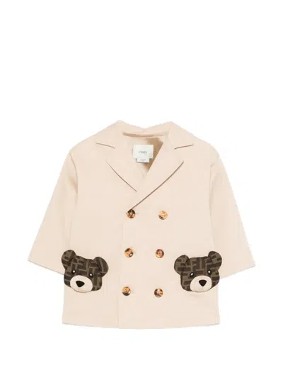 Fendi Babies' Bear -ppliqué Double-breasted Jacket In Neutral