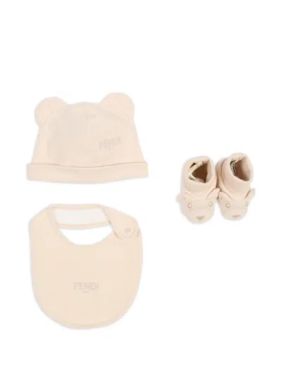 Fendi Babies' Bear-detail Beanie Hat Set (set Of Theee) In Neutral