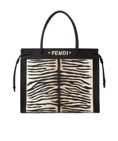 Fendi Beige And Black Tiger-effect Embroidered Fabric Shopper Bag In Red