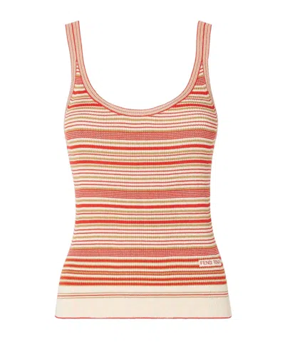 Fendi Beige And Red Striped Cotton And Silk Top