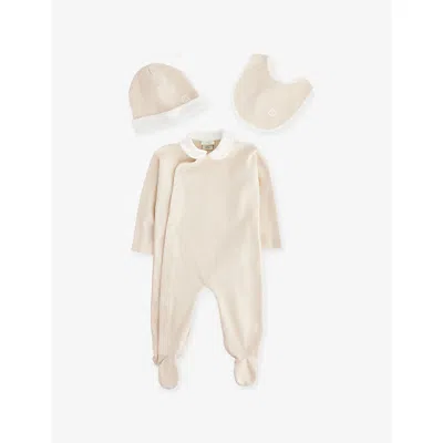 Fendi Beige Baby Monogram-trim Stretch-cotton Babygrow, Hat And Bib Set 1-6 In Neutral