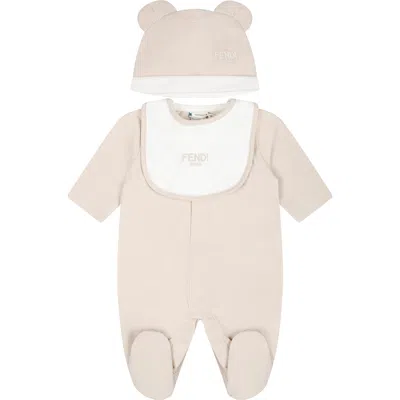 Fendi Beige Babygrow Set For Babykids With Bear And  Logo