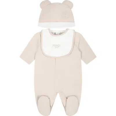 Fendi Beige Babygrow Set For Babykids With Bear And  Logo In Neutral