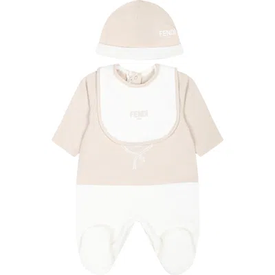 Fendi Beige Babygrow Set For Babykids With Emblem