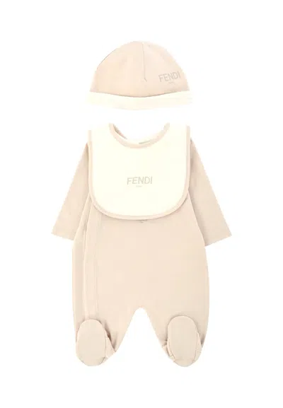 Fendi Beige Babygrow Set For Babykids With Teddy Bear In Neutral