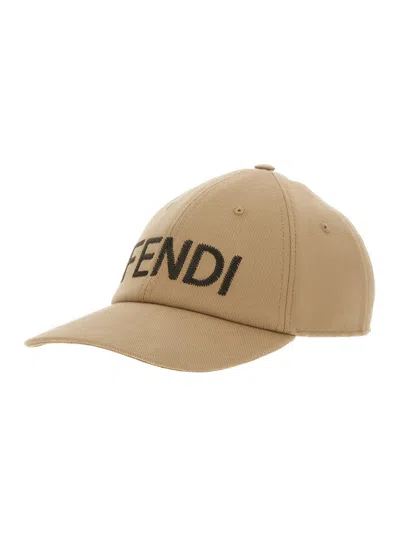 Fendi Beige Baseball Cap With Lettering Logo On The Front In Cotton Man In Cream