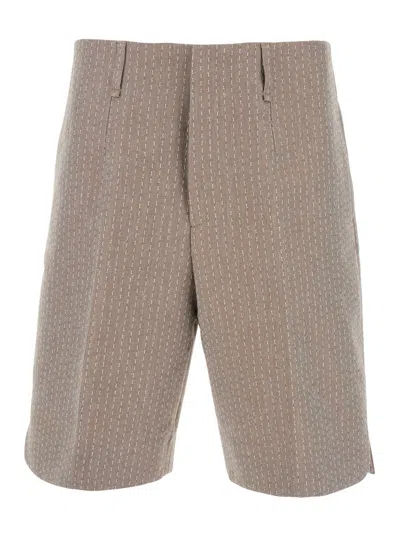 Fendi Beige Bermuda Pants With Belt Loops In Cotton And Linen Blend Man In Multicolor