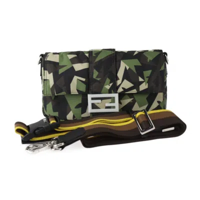 Pre-owned Fendi Beige Black Camouflage Green Nylon Leather Clutch Bag Fanny Pack Pouch Shoulder Bag (