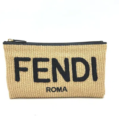 Pre-owned Fendi Beige Black Raffia Leather Clutch Bag Pouch () In Multi