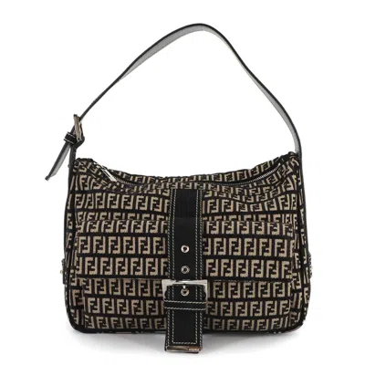 Pre-owned Fendi Beige Black Suede Canvas Leather Shoulder Bag () In Multi