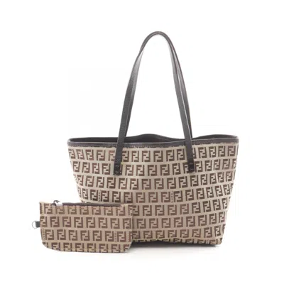 Pre-owned Fendi Beige Brown Canvas Leather Handbag Pouch Tote Bag () In Beige, Brown