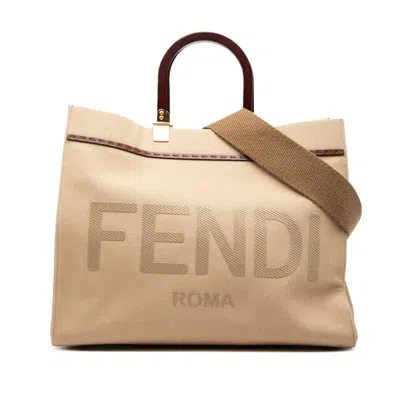 Pre-owned Fendi Beige Brown Canvas Leather Handbag Shoulder Bag Tote Bag ()