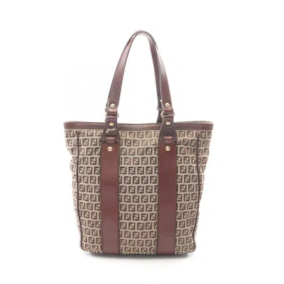 Pre-owned Fendi Beige Brown Canvas Leather Handbag Tote Bag () In Beige, Brown