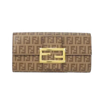Pre-owned Fendi Beige Brown Coated Canvas Long Wallet (bi-fold) () In Beige, Brown