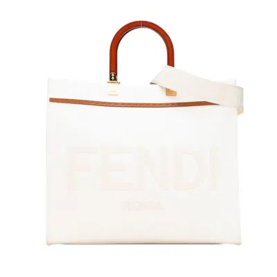 Pre-owned Fendi Beige Brown White Canvas Wood Leather Handbag Shoulder Bag ()