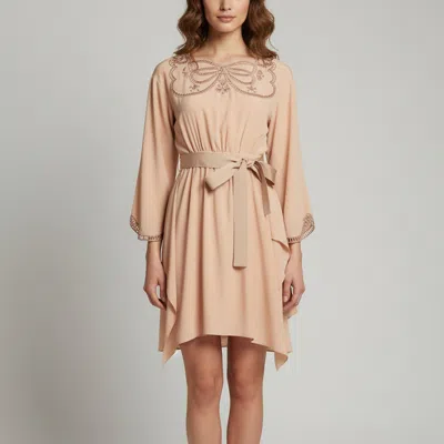 Pre-owned Fendi Beige Butterfly Embroidered Cut Out Long Sleeve Mini Dress S In Sand