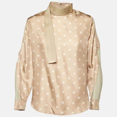 Pre-owned Fendi Beige Calligraphy Print Silk Belted Collar Detail Blouse S