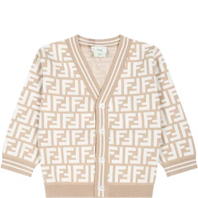 Fendi Beige Cardigan For Babykids With Iconic Ff In White