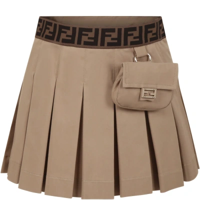 Fendi Kids' Beige Casual Skirt For Girls With Baguette And Ff Logo