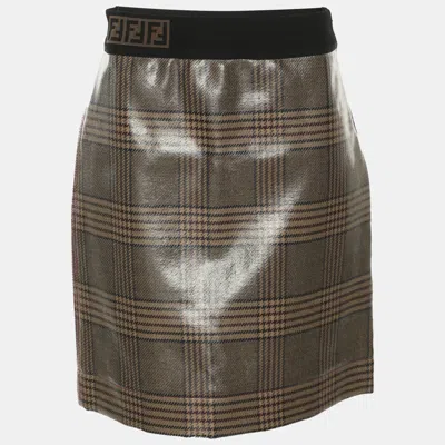 Pre-owned Fendi Beige Checked Glazed Wool Prince Of Wales Mini Skirt S In Sand
