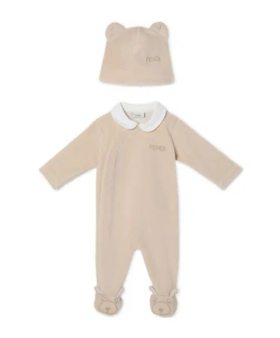 Fendi Beige Chenille Teddy Bear Baby Set In Brown