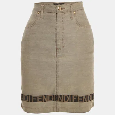 Pre-owned Fendi Beige Cotton Blend Logo Detail Mini Skirt M In Sand
