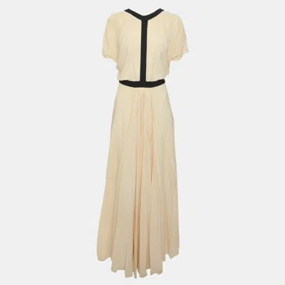 Pre-owned Fendi Beige Crepe Pleated Contrast Midi Dress M