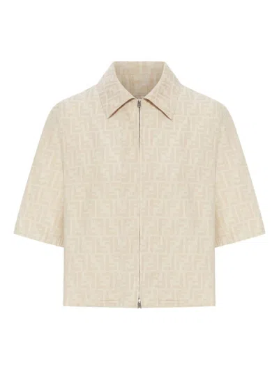 Fendi Beige Cropped Jacket With Classic Collar In Metallic