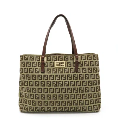Pre-owned Fendi Beige Dark Brown Canvas Leather Handbag Tote Bag () In Beige, Dark Brown