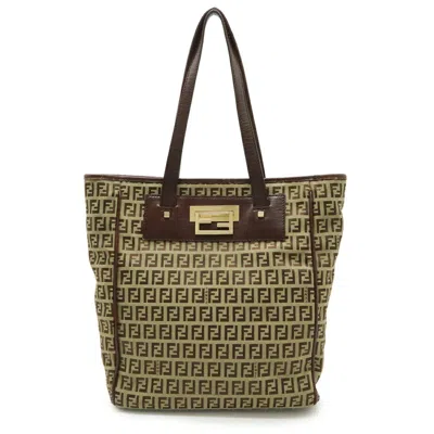 Pre-owned Fendi Beige Dark Brown Khaki Canvas Leather Shoulder Bag Tote Bag ()