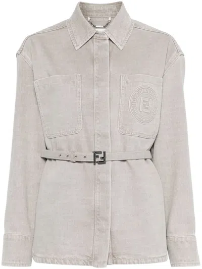 Fendi Beige Denim Jacket With Concealed Closure In Gray