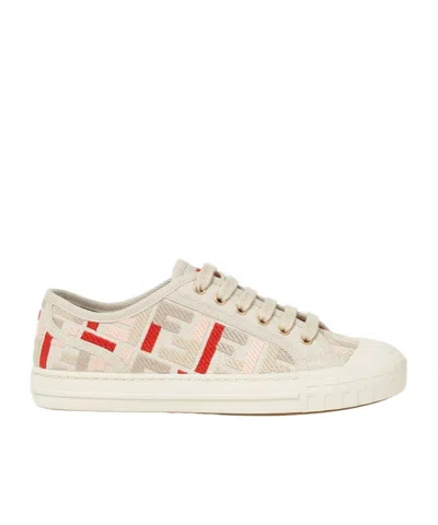 Fendi Beige Embroidered Canvas Low Tops In Gold