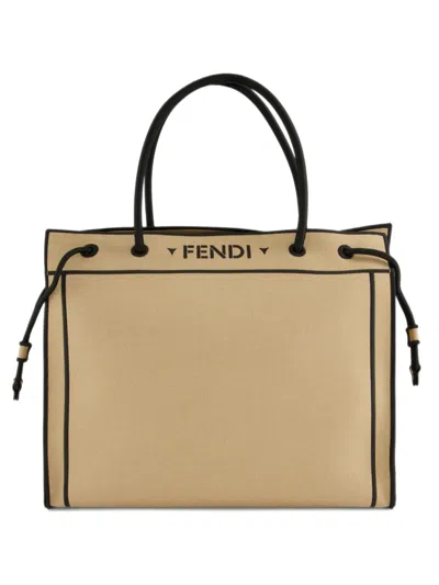 Fendi Beige Embroidered Canvas Shopper In Brown