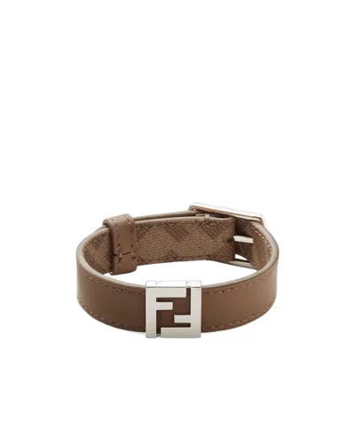 Fendi Beige Ff Canvas And Beige Leather Bracelet In Sand