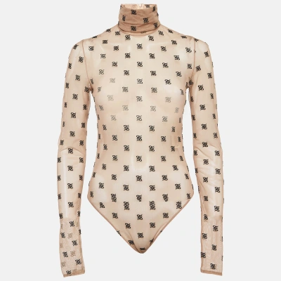 Pre-owned Fendi Beige Ff Embroidered Stretch Tulle Turtle Neck Bodysuit L