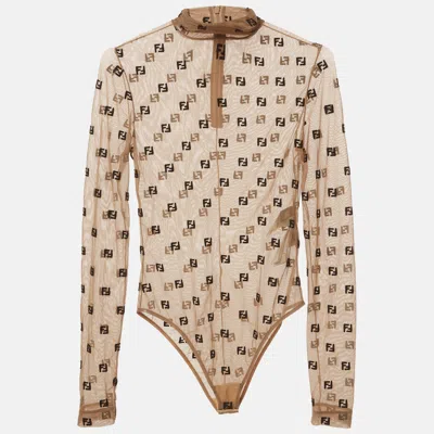 Pre-owned Fendi Beige Ff Embroidered Stretch Tulle Turtle Neck Bodysuit Xs