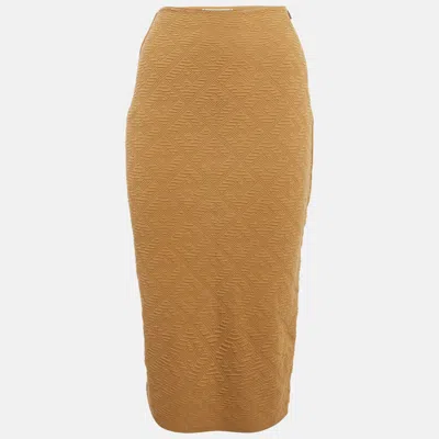 Pre-owned Fendi Beige Ff Logo Pattern Stretch Knit Pencil Skirt S In Sand
